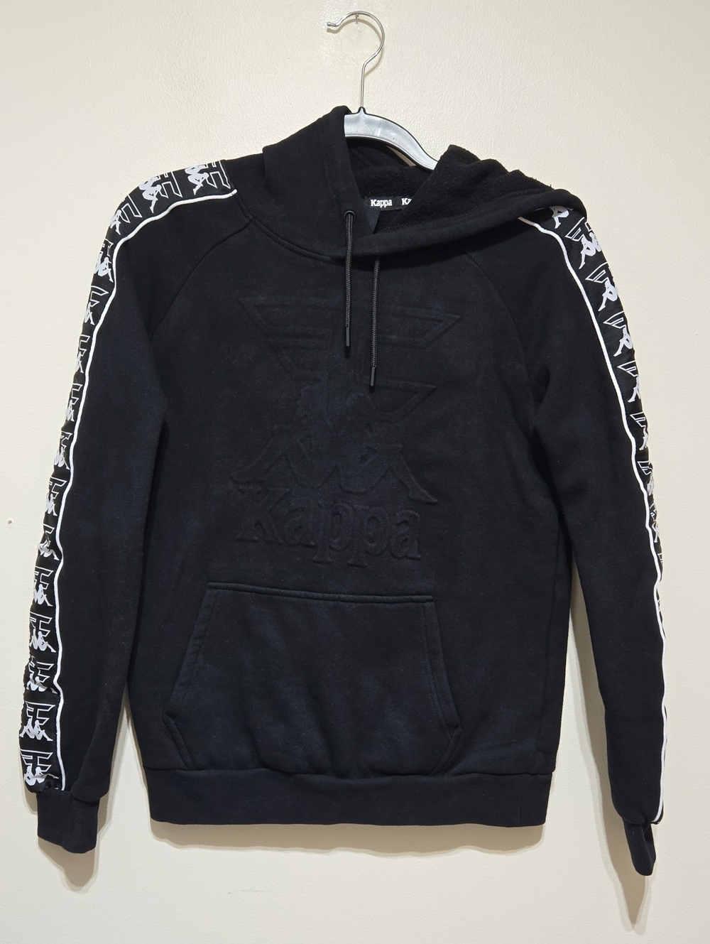 Kappa Black Hoodie with White Logo Tape Sleeves